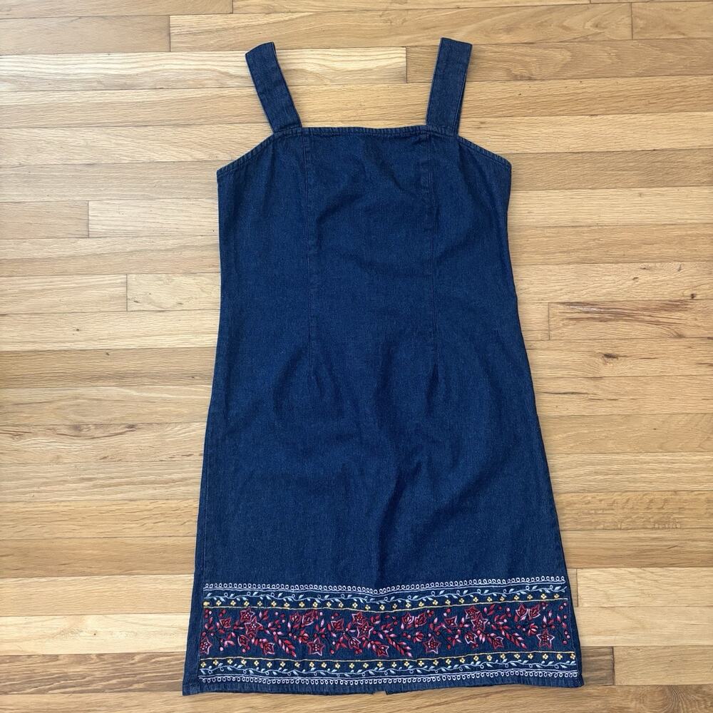 Vintage Embroidered Denim Sundress Jumper Y2K Slip Dress Boho Festival Size 14